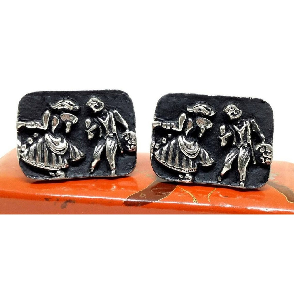 Large Black Enamel Cufflinks Silver Tone‎ Dancing Couple Novelty Mens Deco Dance